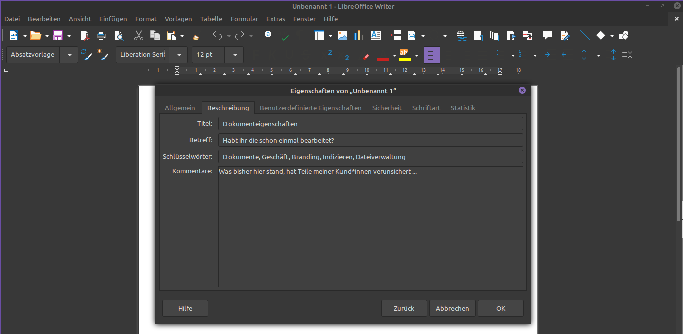 Bild der Dokumenteigenschaften in Libre Office
